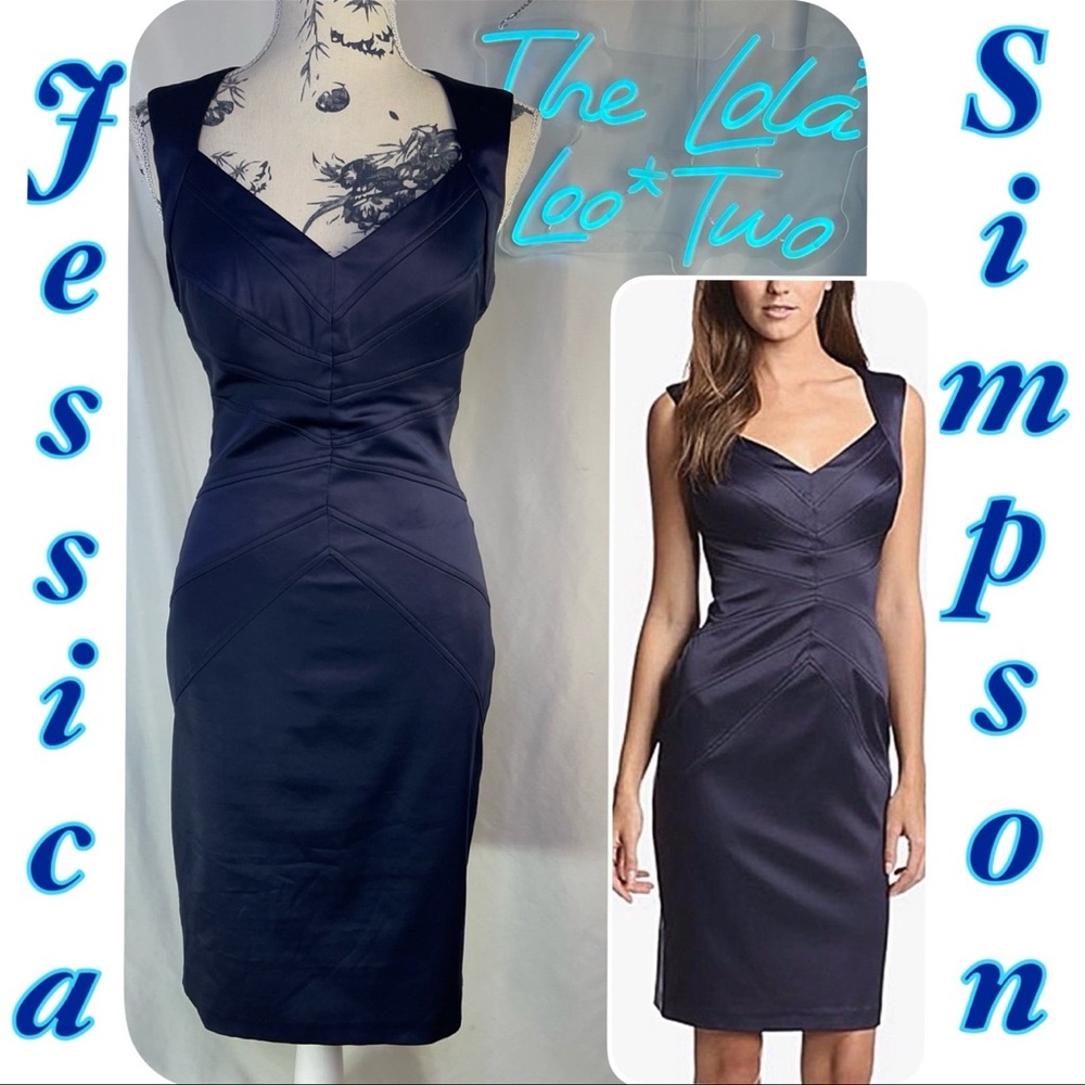 Jessica Simpson Navy Monochrome Satin Sheath Bandage Style Cocktail Dress